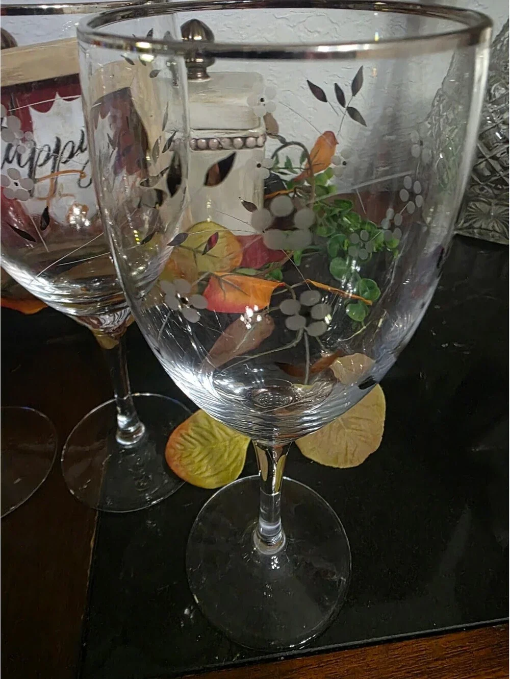 Vintage Black White Floral Silver Rim Wine Glasses Set of 4
